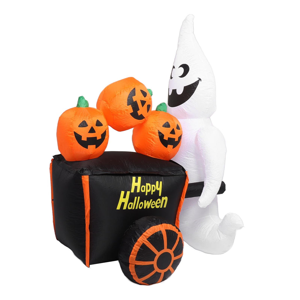 6ft Halloween Inflatable Ghost Pushing Pumpkin Cart Decor IP44 With Blower LED