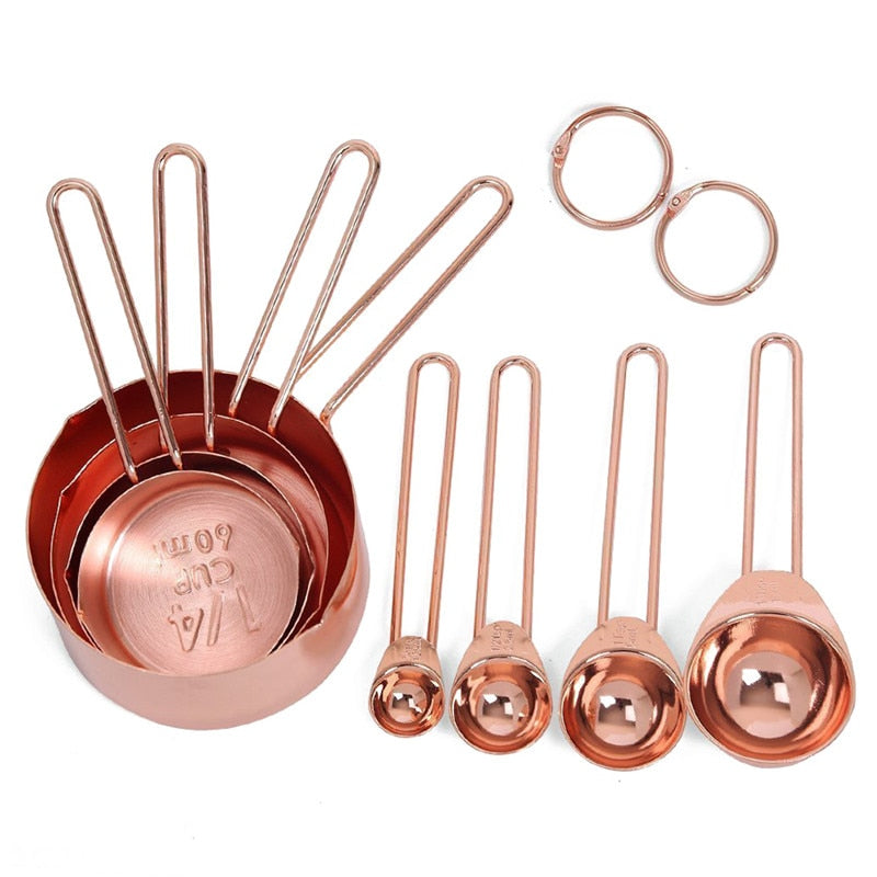 Rose Gold Stainless Steel Measuring Cups And Spoons Set Of 8 Engraved Measurements,Pouring Spouts & Mirror Polished for Baking