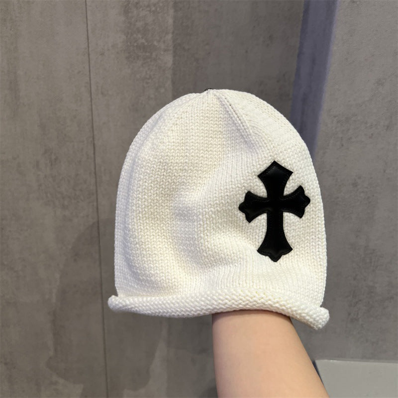 Leather Patch Edge Knit Beanie Knitted Stack Hat  Ear Protection Head Covering Cold Hat