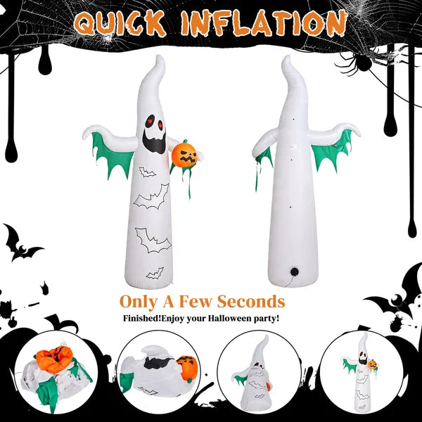12ft Inflatable Halloween Decor With Flashing Bats & White Ghosts, 4 LED Lights