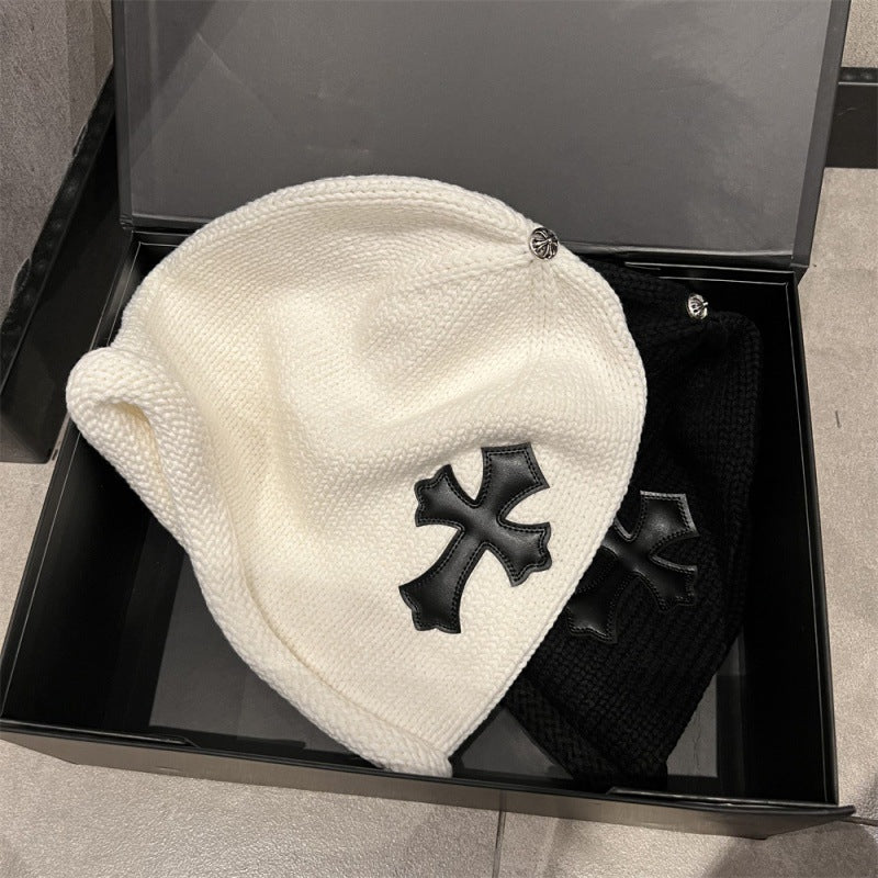 Leather Patch Edge Knit Beanie Knitted Stack Hat  Ear Protection Head Covering Cold Hat