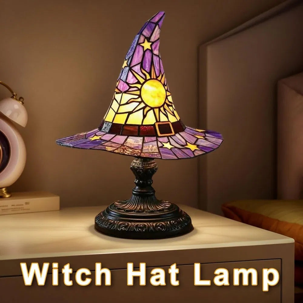 Handmade Gothic Witch Hat Night Light –Witch Hat Lamp Stained Glass LED Lamp