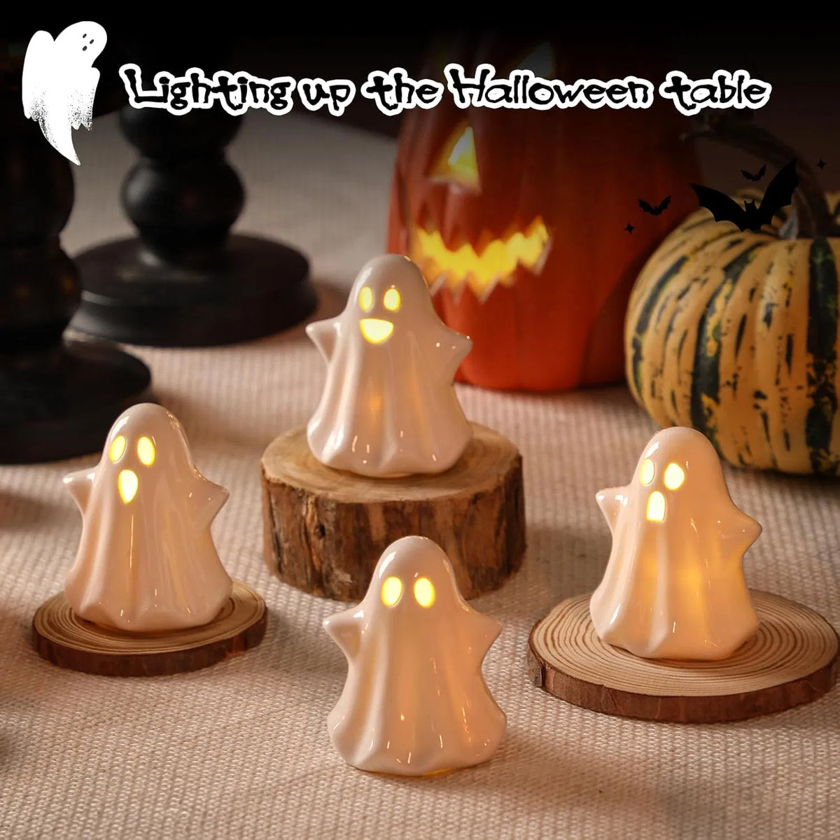 4PCS Ceramic Ghost Light Up Decor, Cute Ghost Halloween Decor, Small White