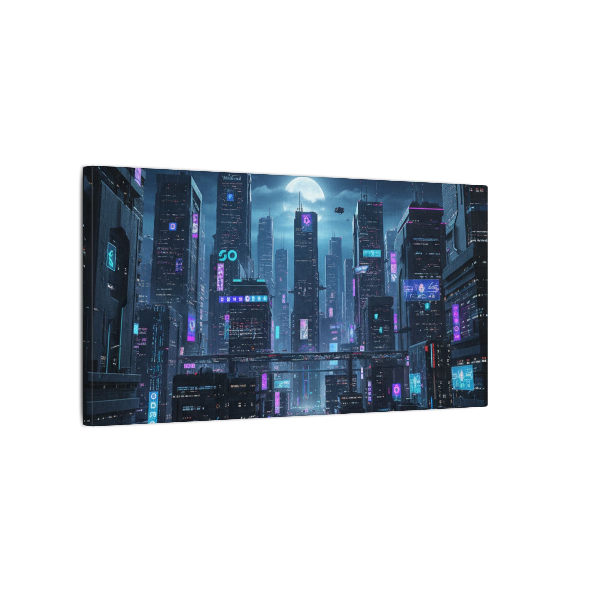 Cyberpunk Cityscape Matte Canvas Print — Neon Futuristic Wall Art