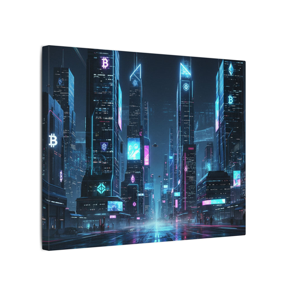 Cyberpunk Cityscape Matte Canvas Print — Neon Futuristic Skyline Wall Art