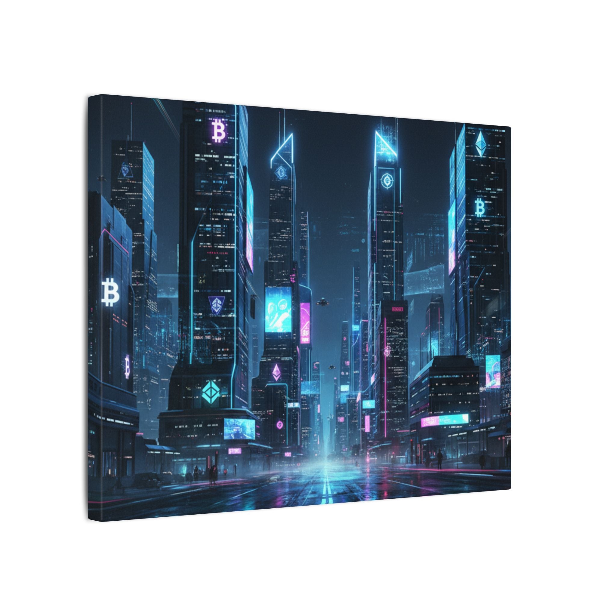 Cyberpunk Cityscape Matte Canvas Print — Neon Futuristic Skyline Wall Art