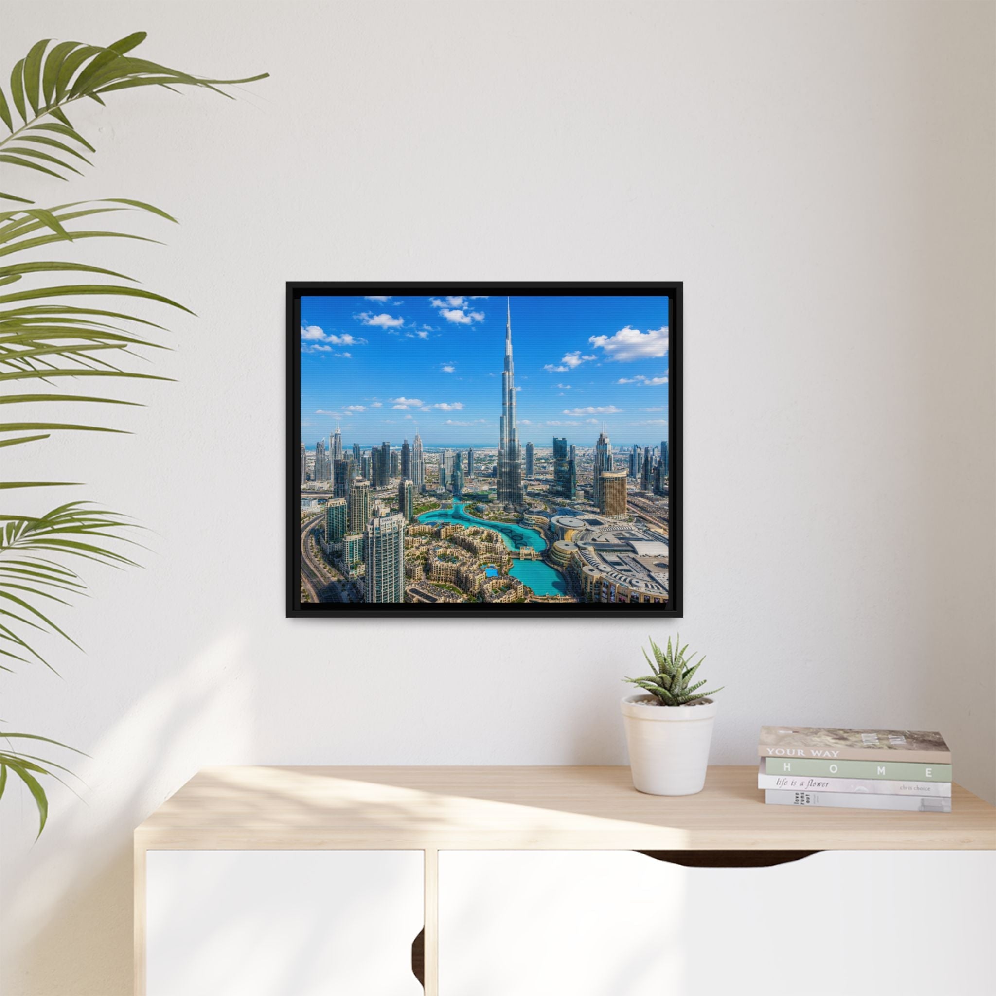 Dubai Skyline Matte Canvas Print (Framed) — Burj Khalifa Aerial Cityscape Wall Art