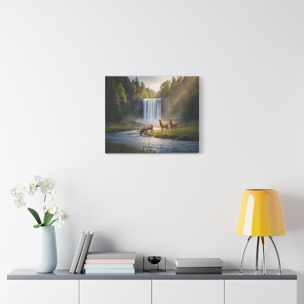 Waterfall Elk Canvas Print — Matte Stretched Wall Art