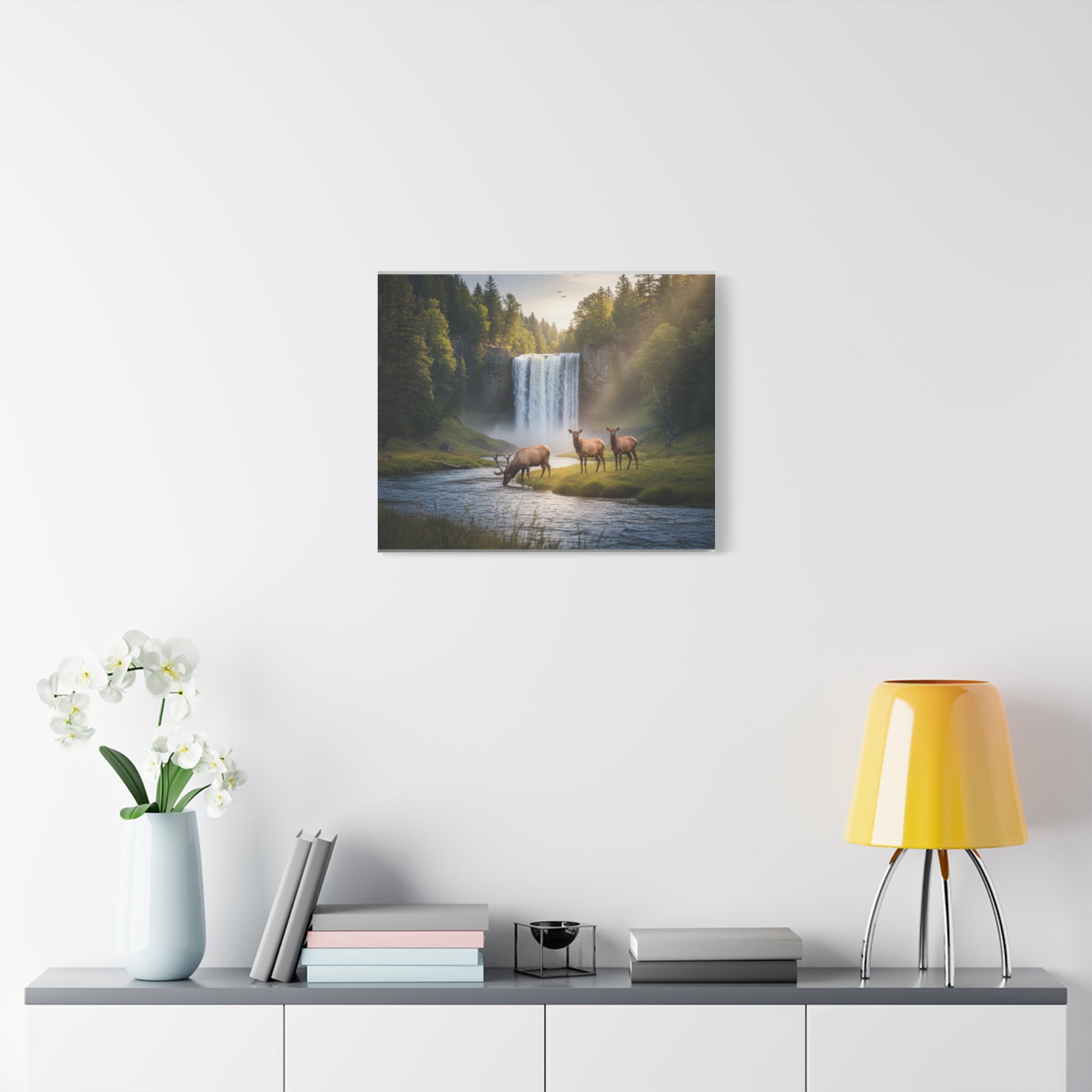 Waterfall Elk Canvas Print — Matte Stretched Wall Art