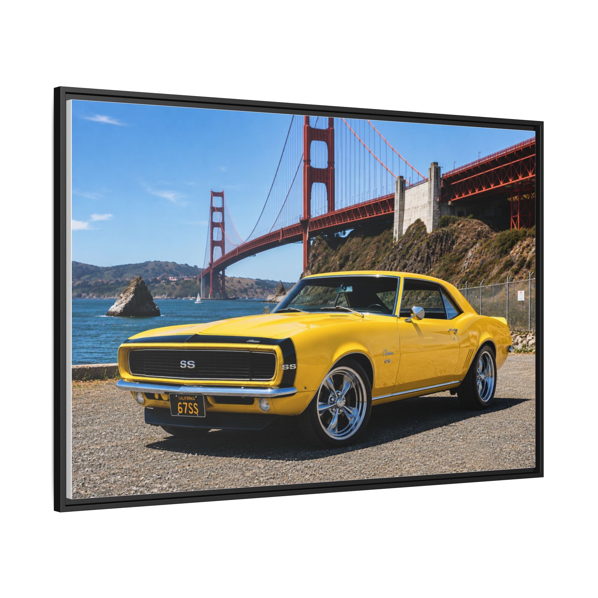 Camaro 1967 Framed Canvas – Yellow Classic "Bumble Bee" Camaro by Golden Gate Bridge