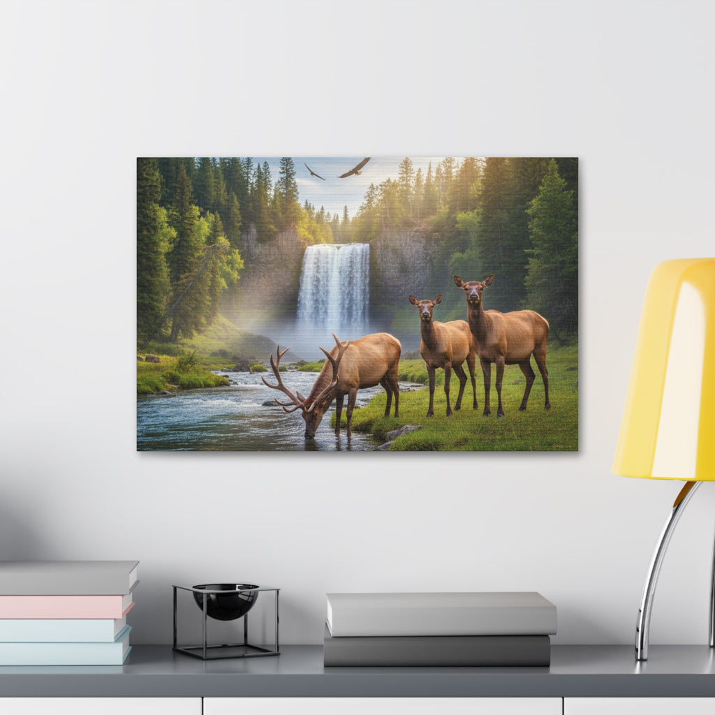 Elk Waterfall Canvas Print — Serene Wildlife Landscape Wall Art, 1.5" Stretched