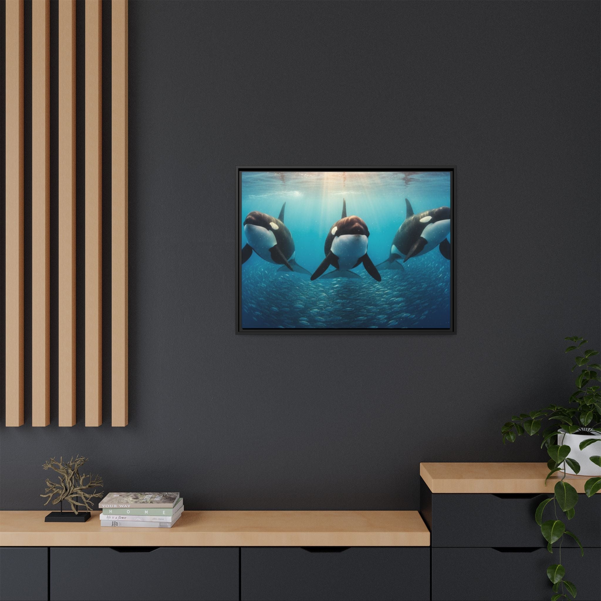 Framed Orca Canvas Print — Underwater Whale Pod Ocean Wall Art
