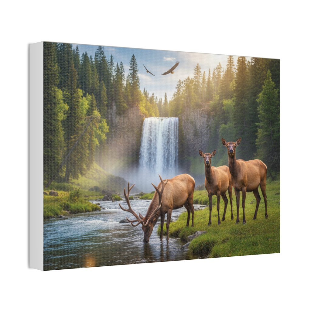 Elk Waterfall Canvas Print — Serene Wildlife Landscape Wall Art, 1.5" Stretched