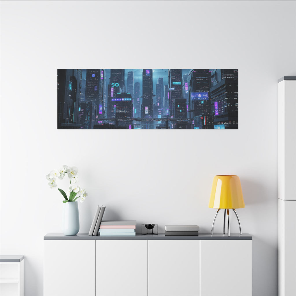 Cyberpunk Cityscape Matte Canvas Print — Neon Futuristic Wall Art