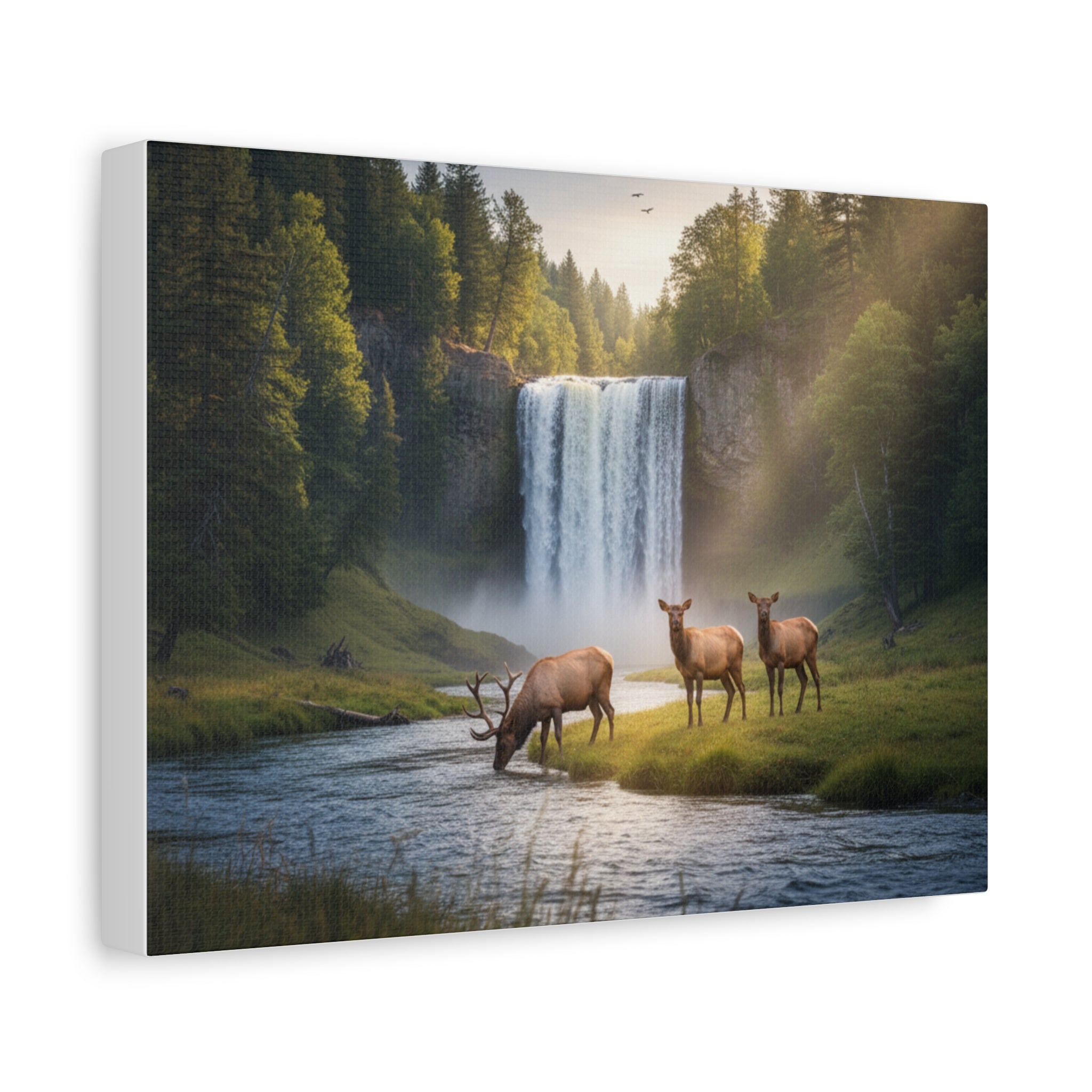 Waterfall Elk Canvas Print — Matte Stretched Wall Art
