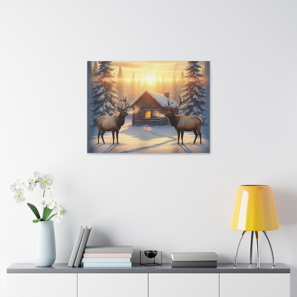Winter Cabin Elk Canvas Wall Art – Cozy Snowy Forest Sunset Print