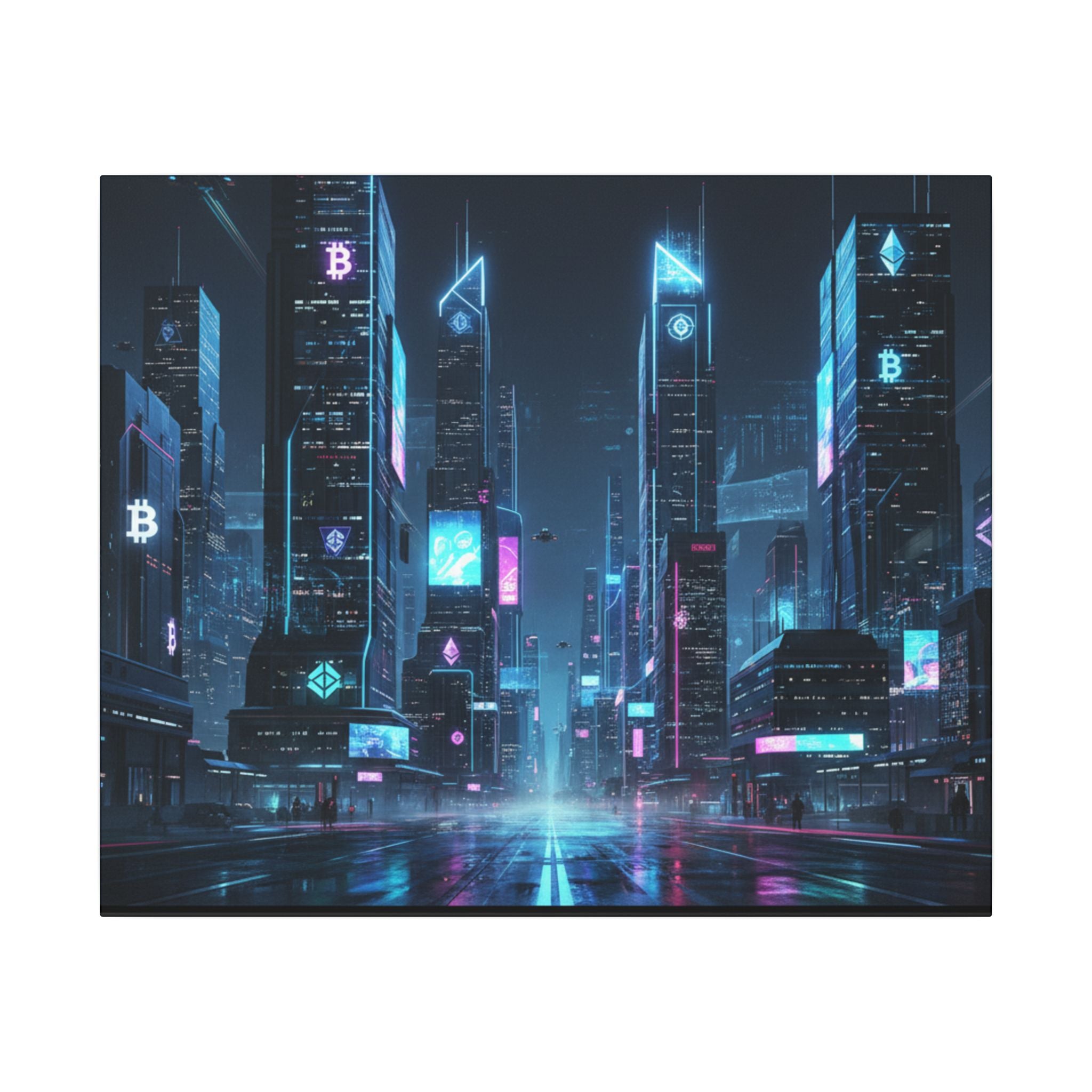 Cyberpunk Cityscape Matte Canvas Print — Neon Futuristic Skyline Wall Art