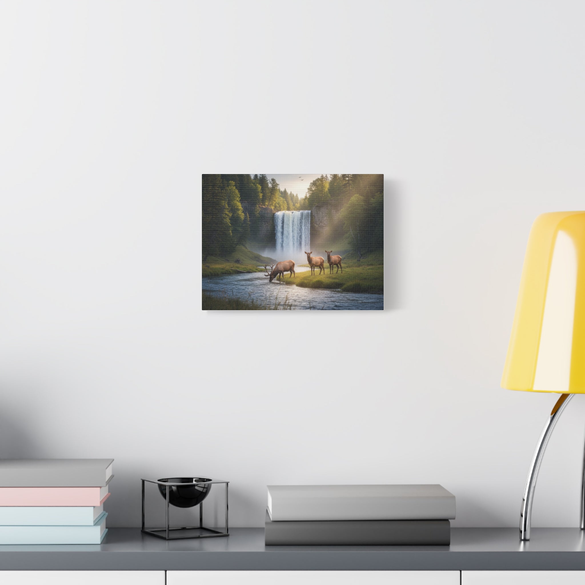 Waterfall Elk Canvas Print — Matte Stretched Wall Art
