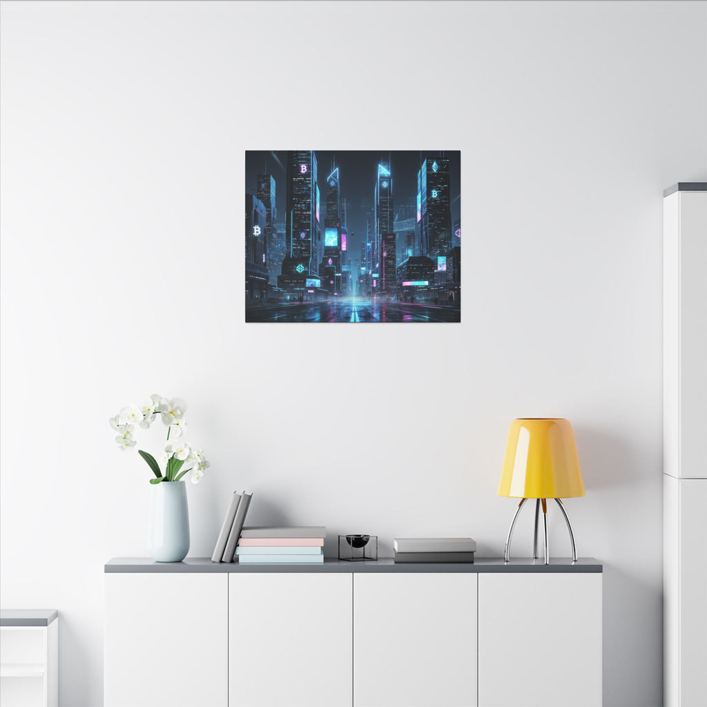 Cyberpunk Cityscape Matte Canvas Print — Neon Futuristic Skyline Wall Art