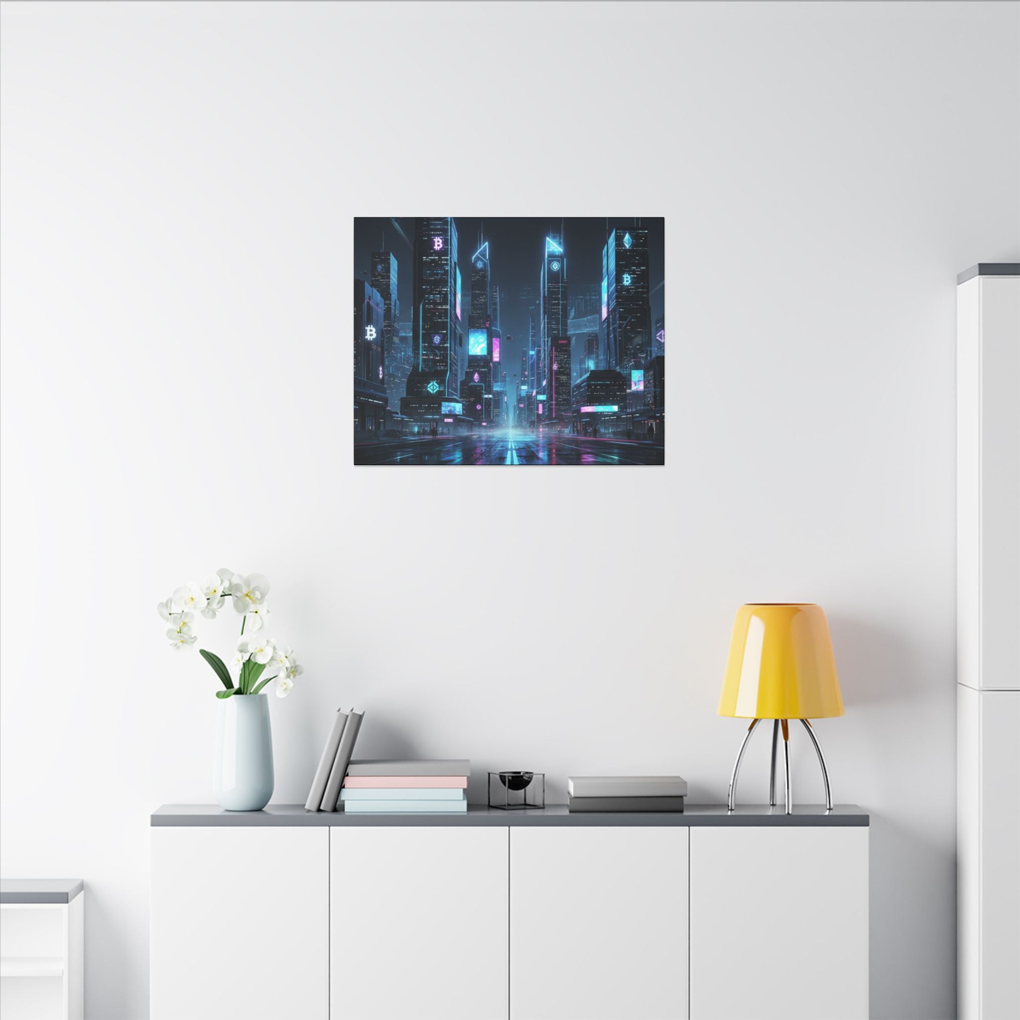 Cyberpunk Cityscape Matte Canvas Print — Neon Futuristic Skyline Wall Art