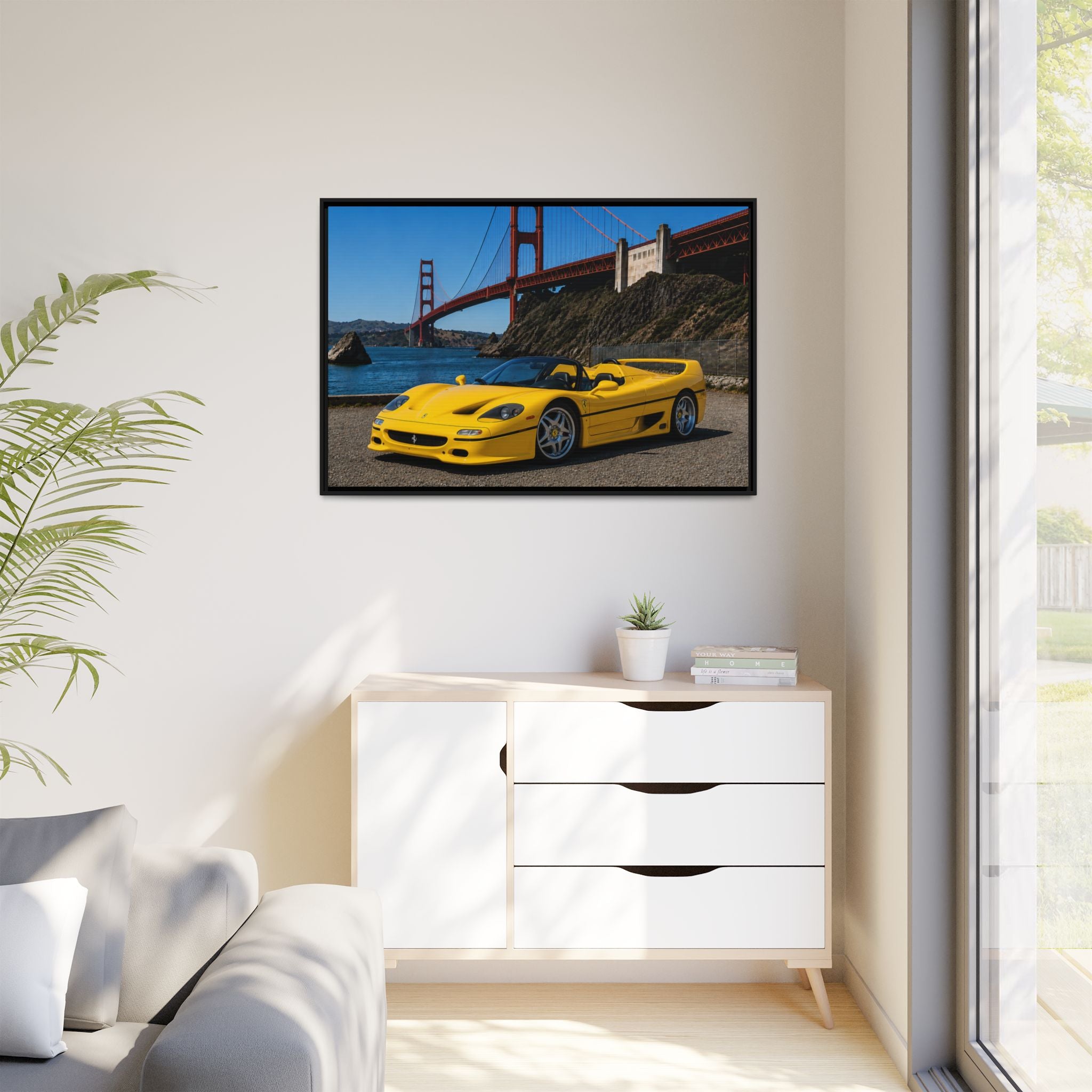 Ferrari F50 1995 Yellow — Framed Matte Canvas of Ferrari by Golden Gate Bridge