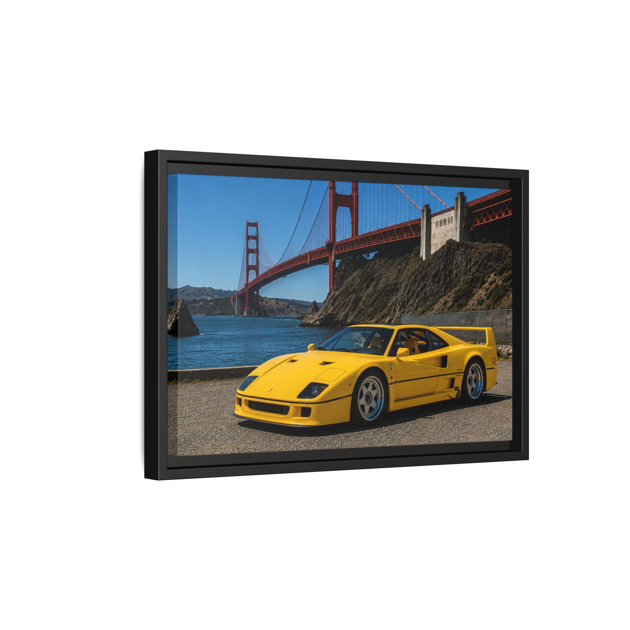 Ferrari 1987 F40 — Yellow Ferrari by the Golden Gate Bridge - Stunning Framed Canvas
