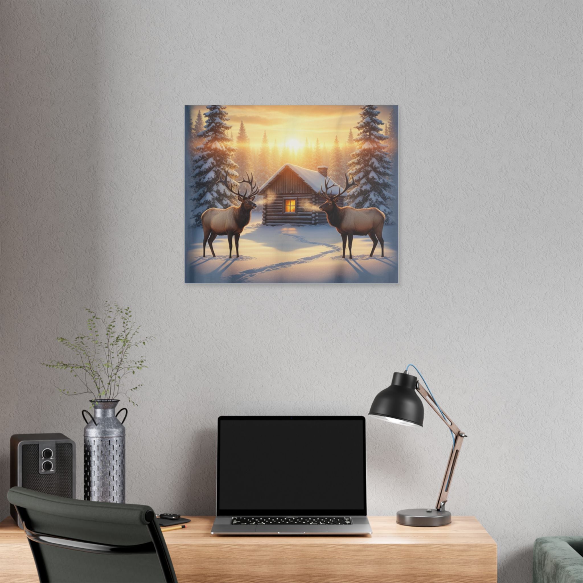 Winter Cabin Elk Canvas Wall Art – Cozy Snowy Forest Sunset Print