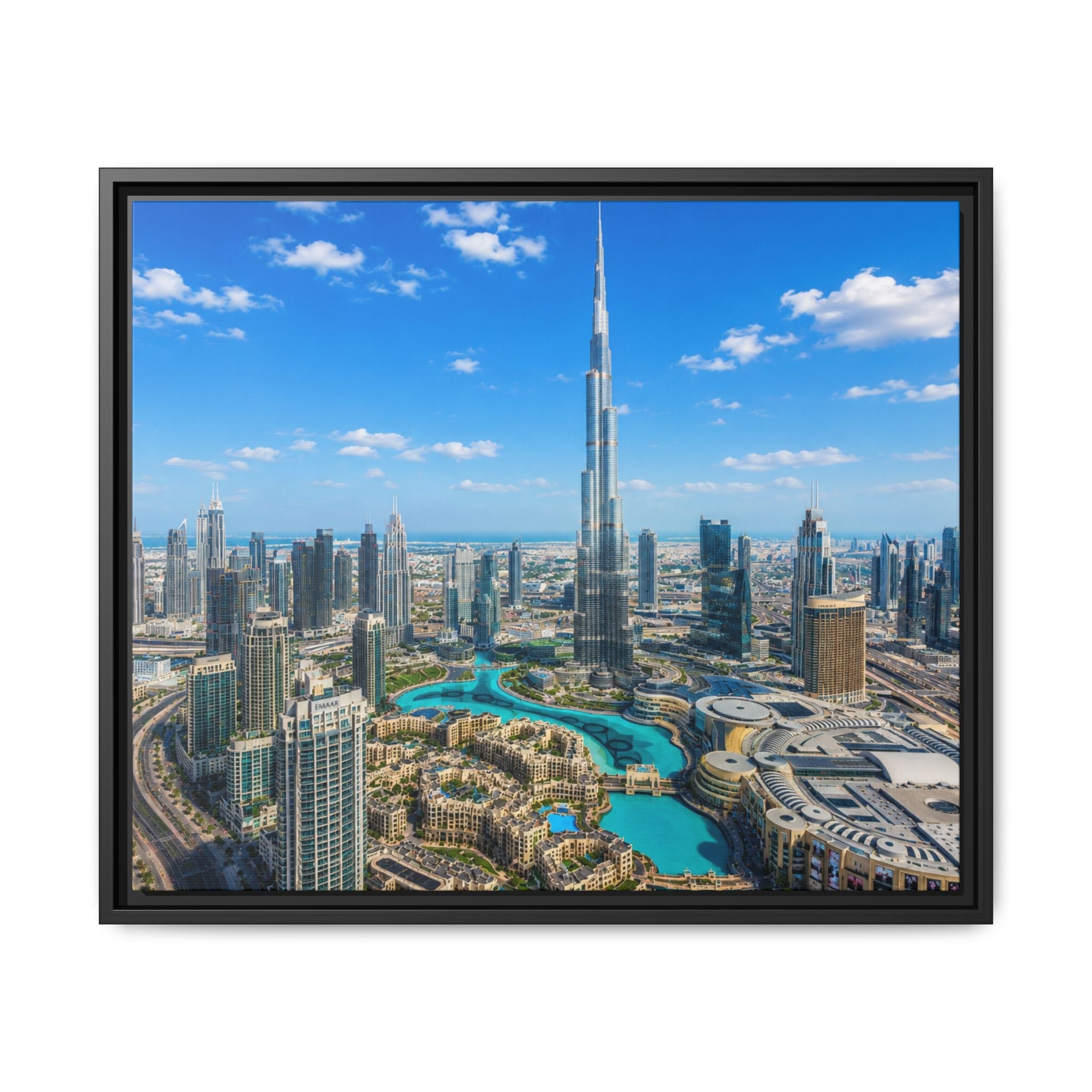 Dubai Skyline Matte Canvas Print (Framed) — Burj Khalifa Aerial Cityscape Wall Art