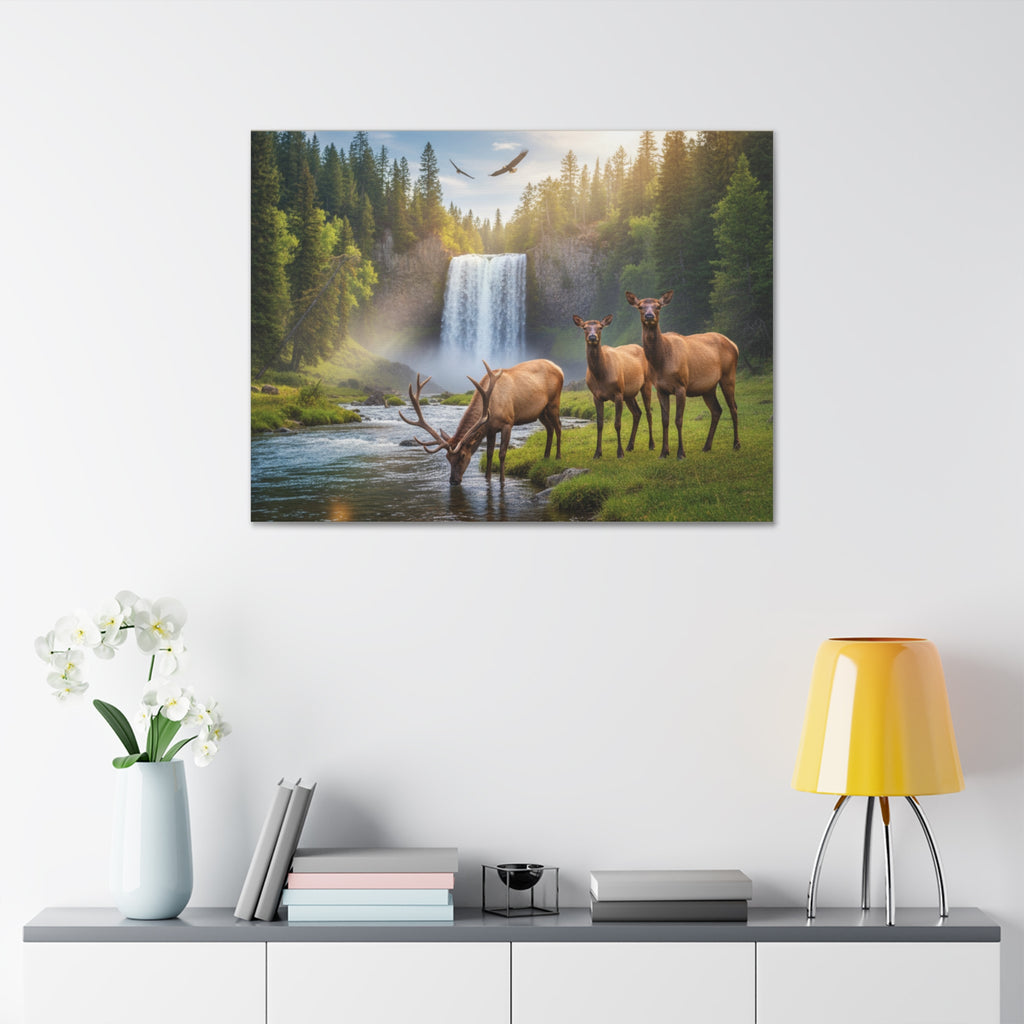 Elk Waterfall Canvas Print — Serene Wildlife Landscape Wall Art, 1.5" Stretched
