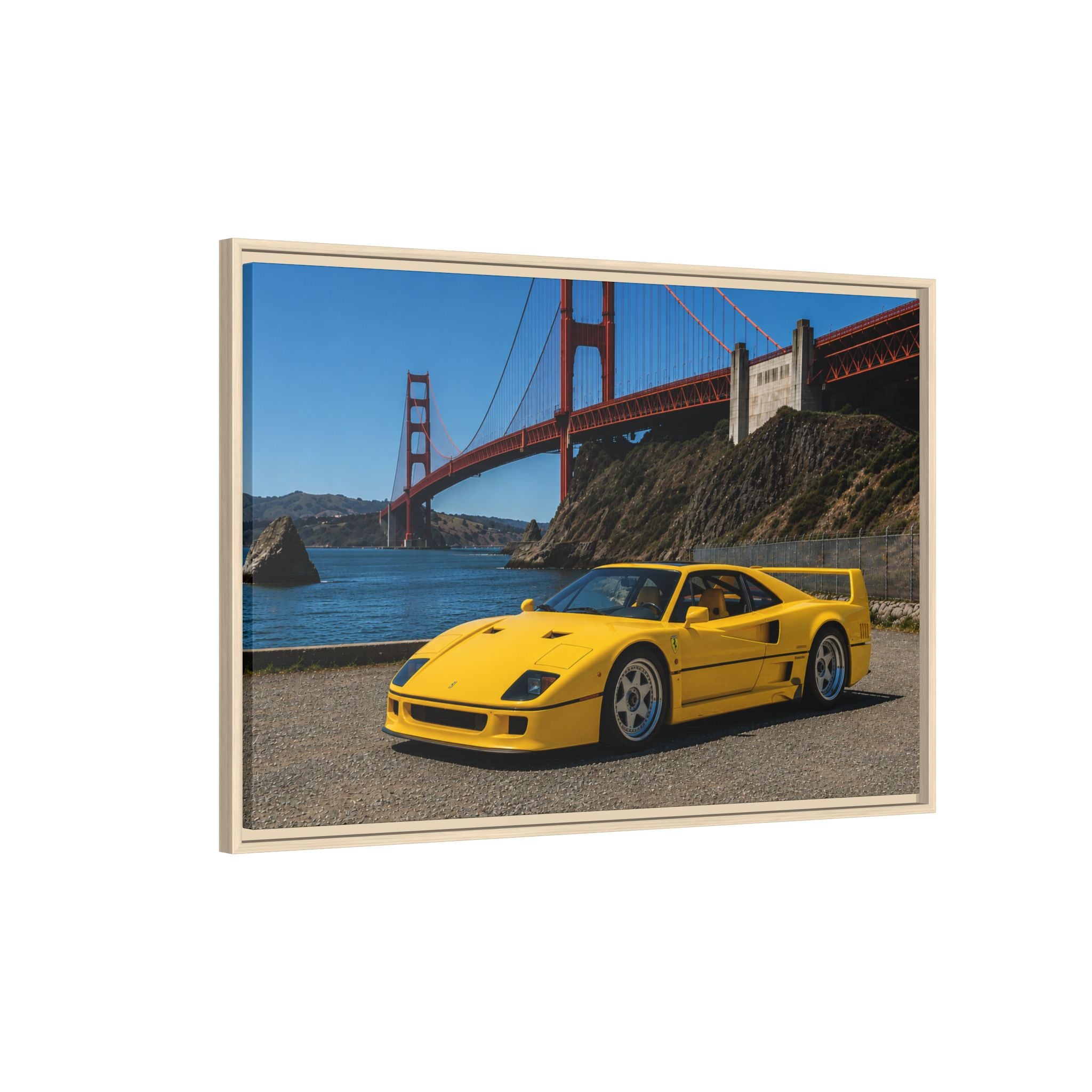 Ferrari 1987 F40 — Yellow Ferrari by the Golden Gate Bridge - Stunning Framed Canvas