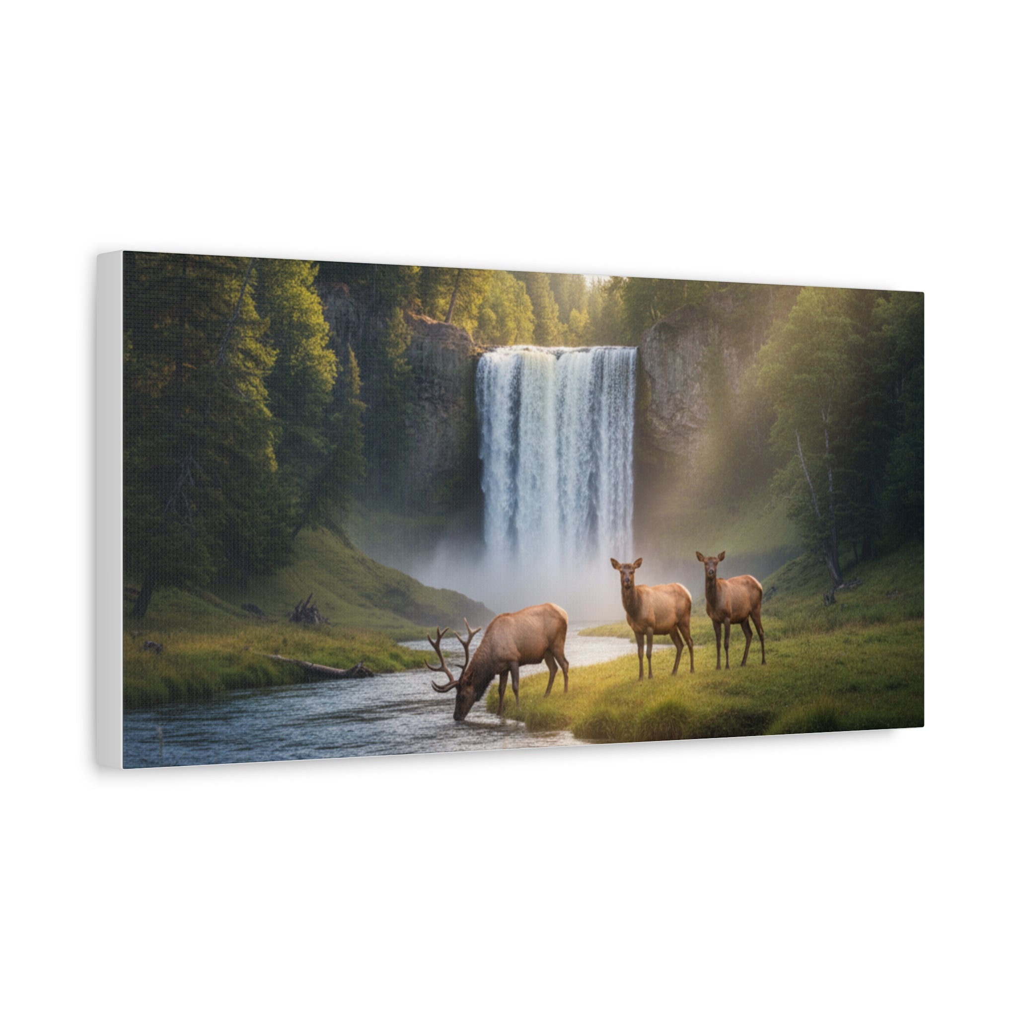Waterfall Elk Canvas Print — Matte Stretched Wall Art