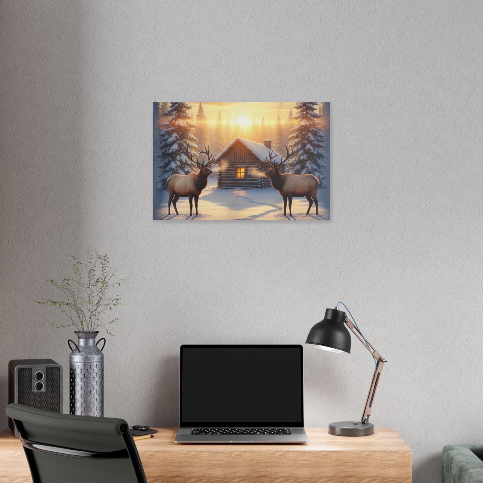 Winter Cabin Elk Canvas Wall Art – Cozy Snowy Forest Sunset Print