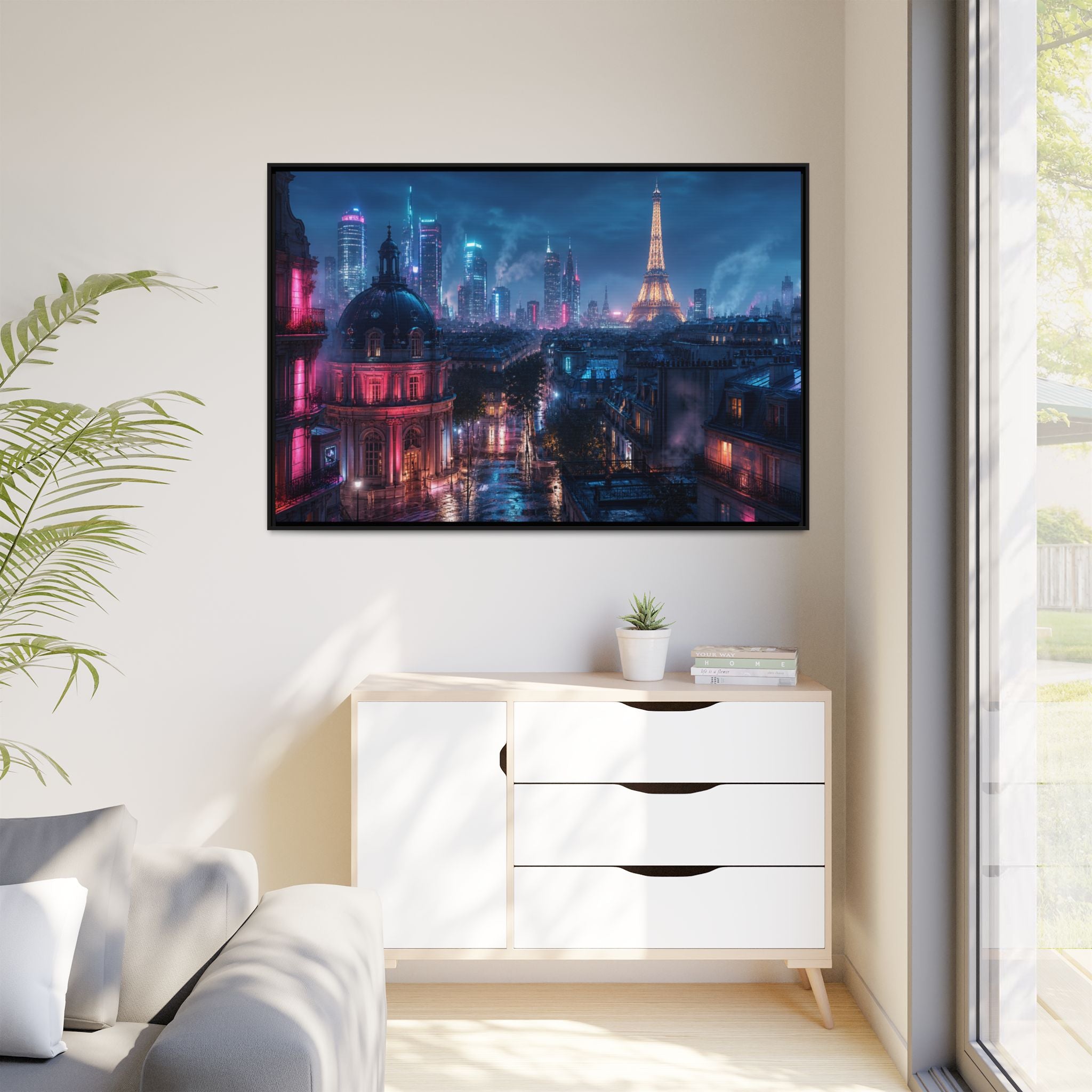 Paris Neon Night Canvas Wall Art Print Ready to Hang
