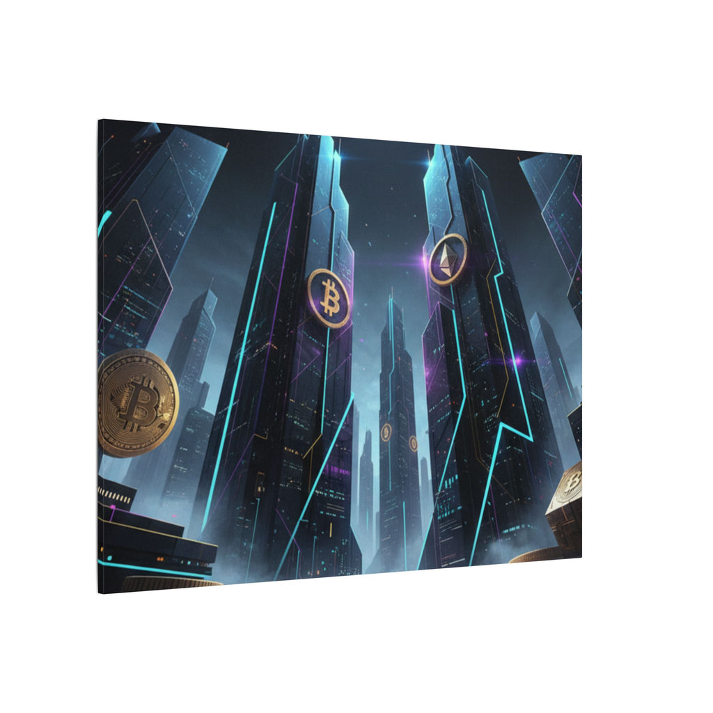 Crypto City Canvas Print — Futuristic Bitcoin & Ethereum Wall Art