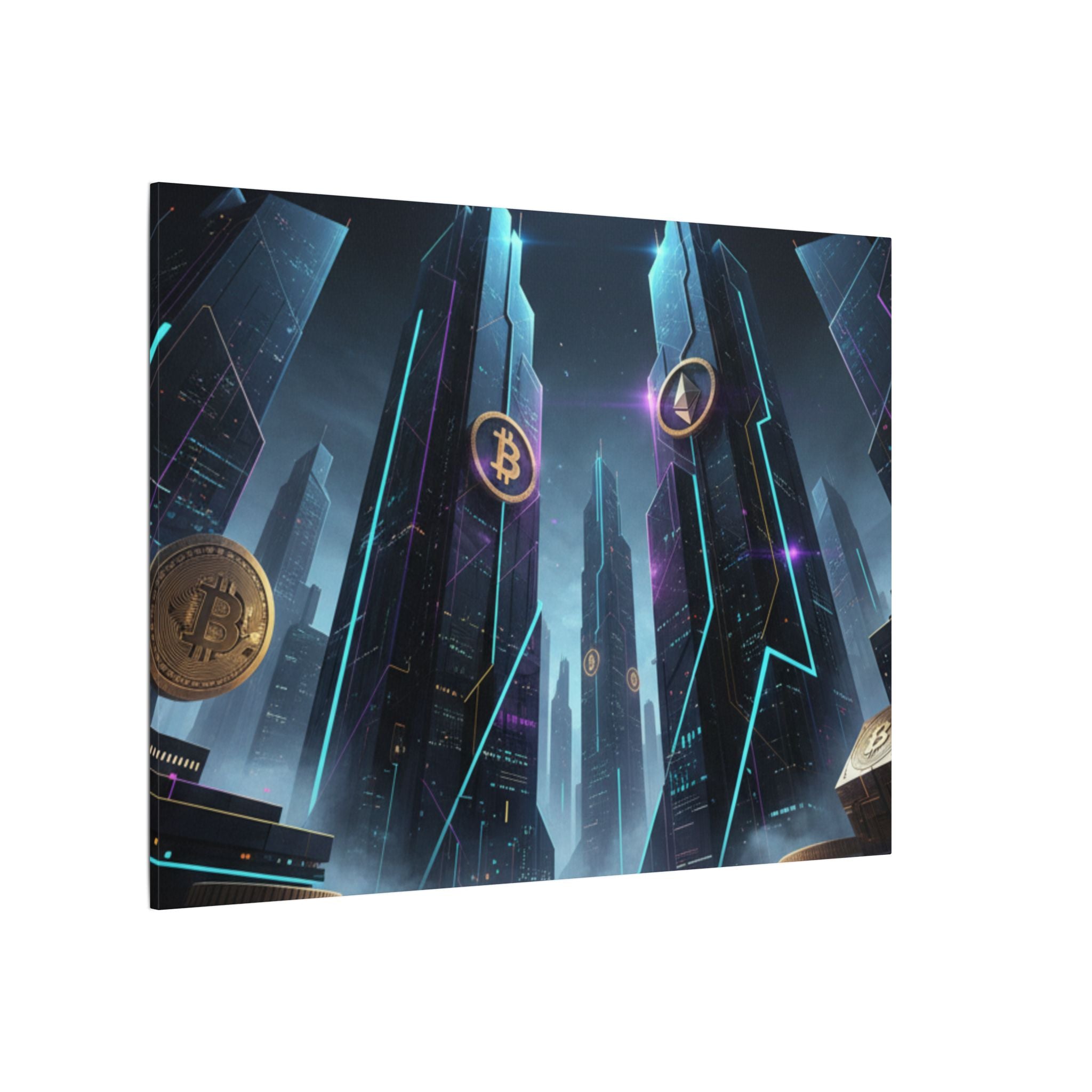 Crypto City Canvas Print — Futuristic Bitcoin & Ethereum Wall Art