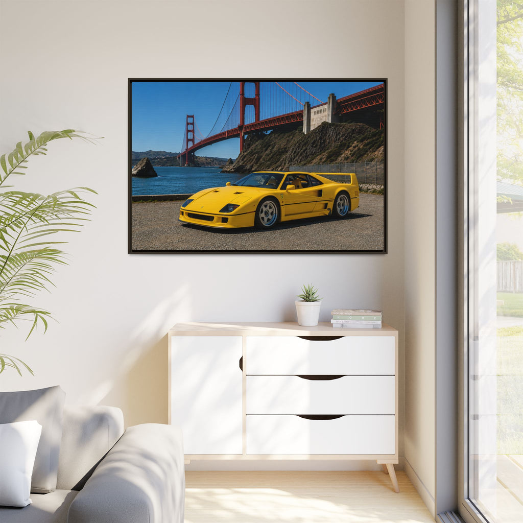 Ferrari 1987 F40 — Yellow Ferrari by the Golden Gate Bridge - Stunning Framed Canvas