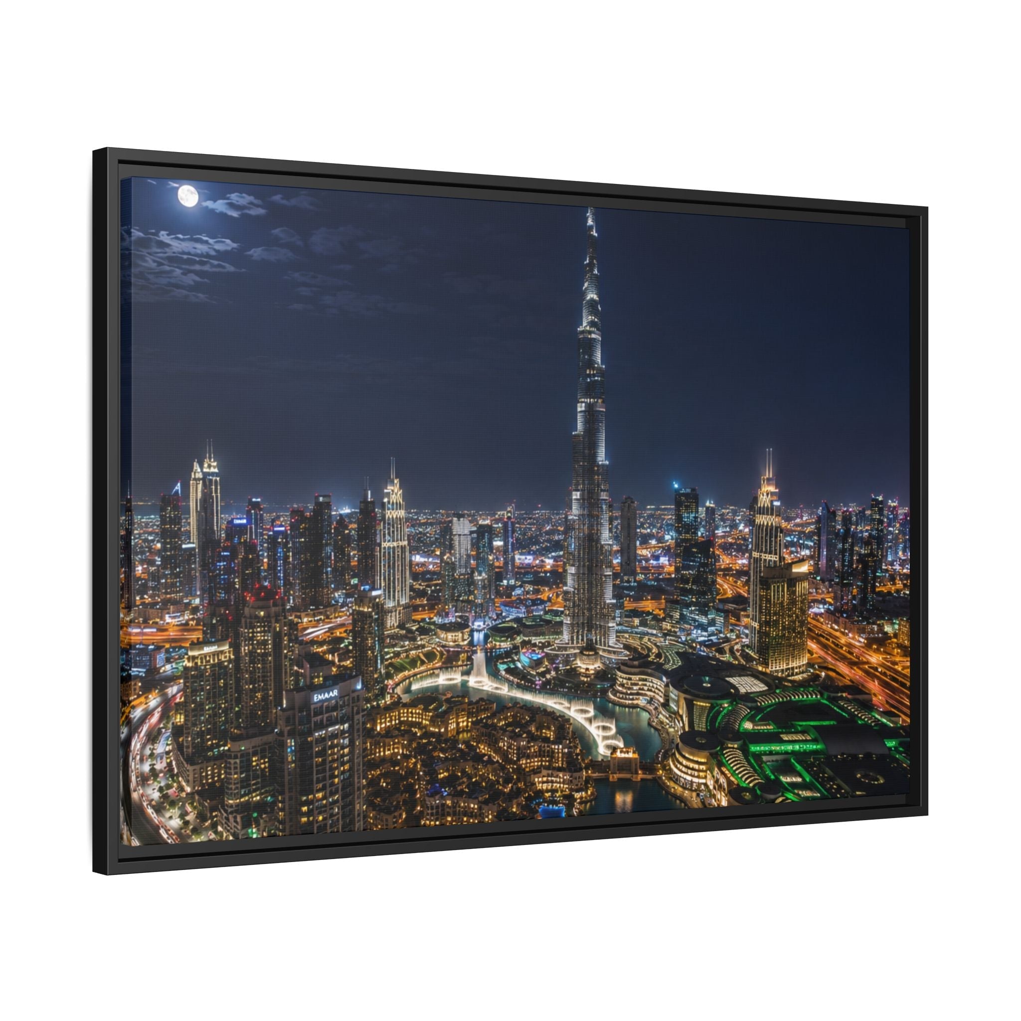Dubai Night Skyline Matte Framed Canvas Print