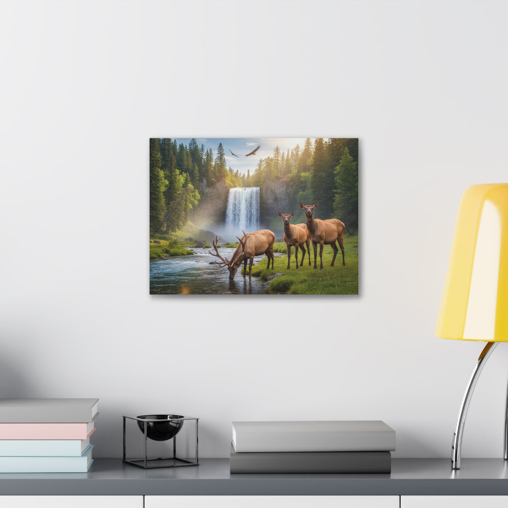 Elk Waterfall Canvas Print — Serene Wildlife Landscape Wall Art, 1.5" Stretched