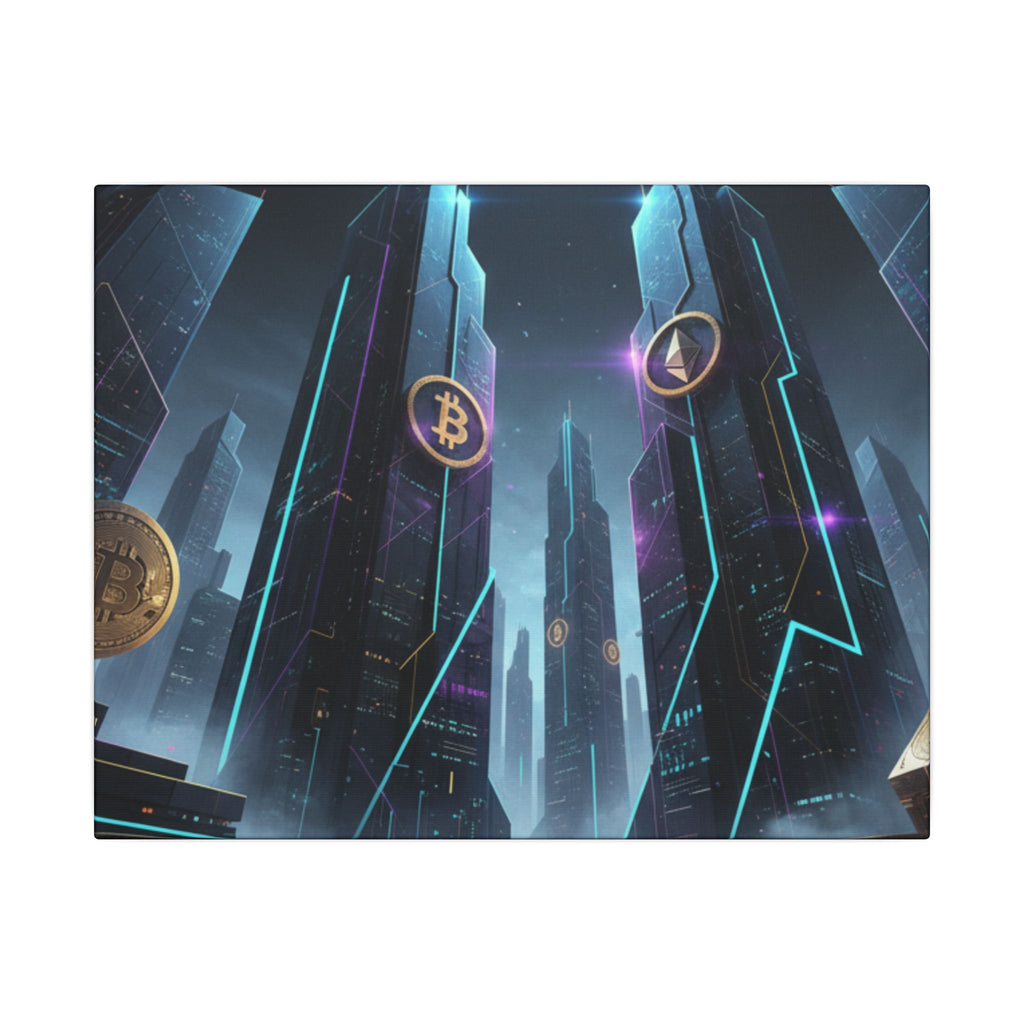 Crypto City Canvas Print — Futuristic Bitcoin & Ethereum Wall Art