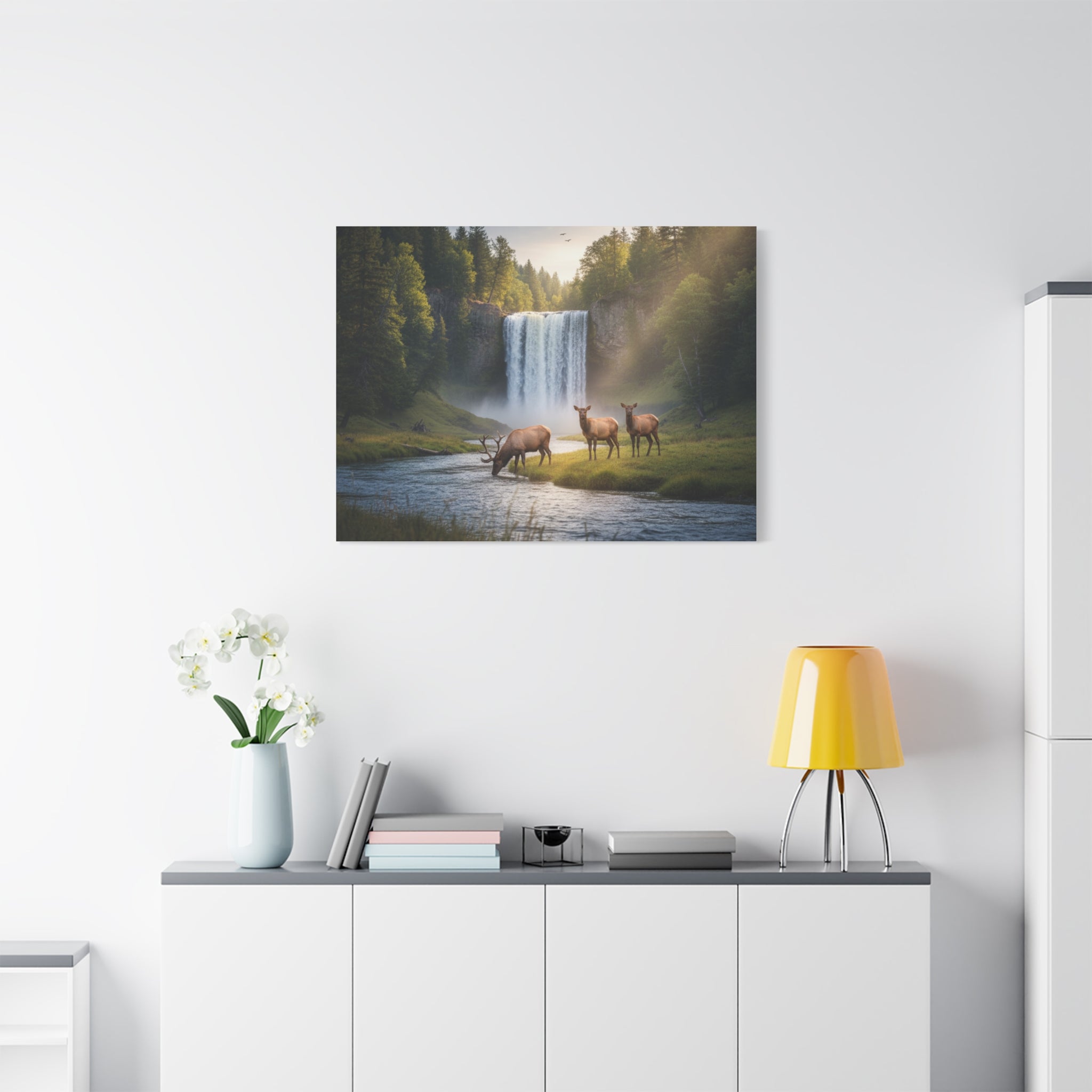 Waterfall Elk Canvas Print — Matte Stretched Wall Art