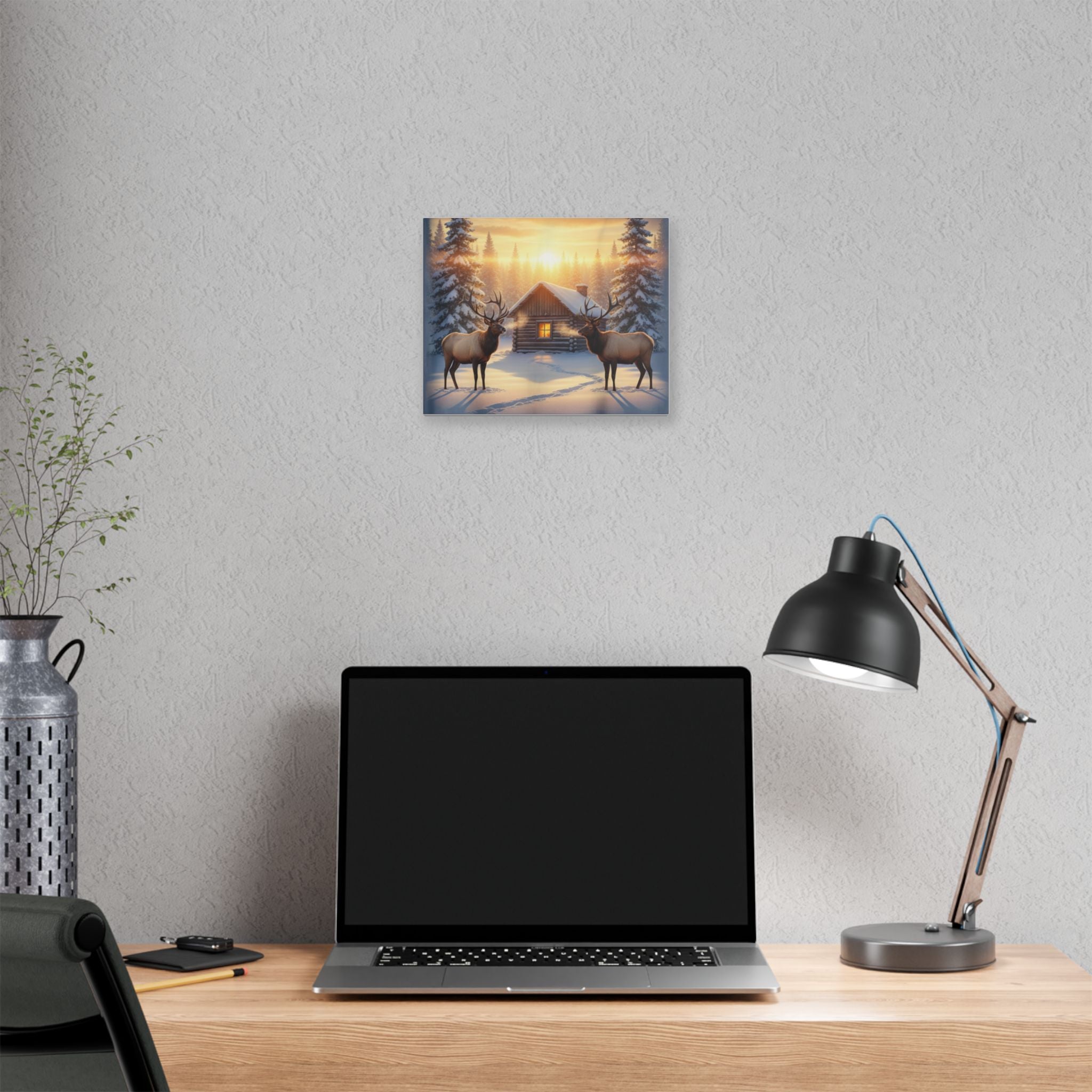Winter Cabin Elk Canvas Wall Art – Cozy Snowy Forest Sunset Print
