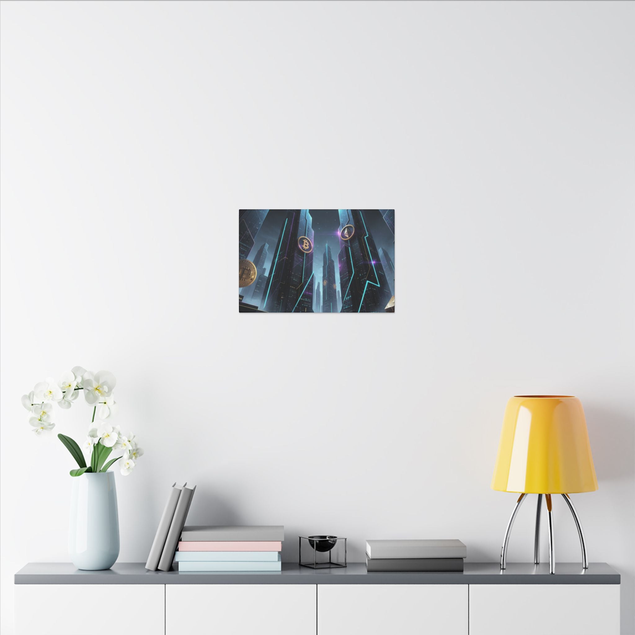 Crypto City Canvas Print — Futuristic Bitcoin & Ethereum Wall Art