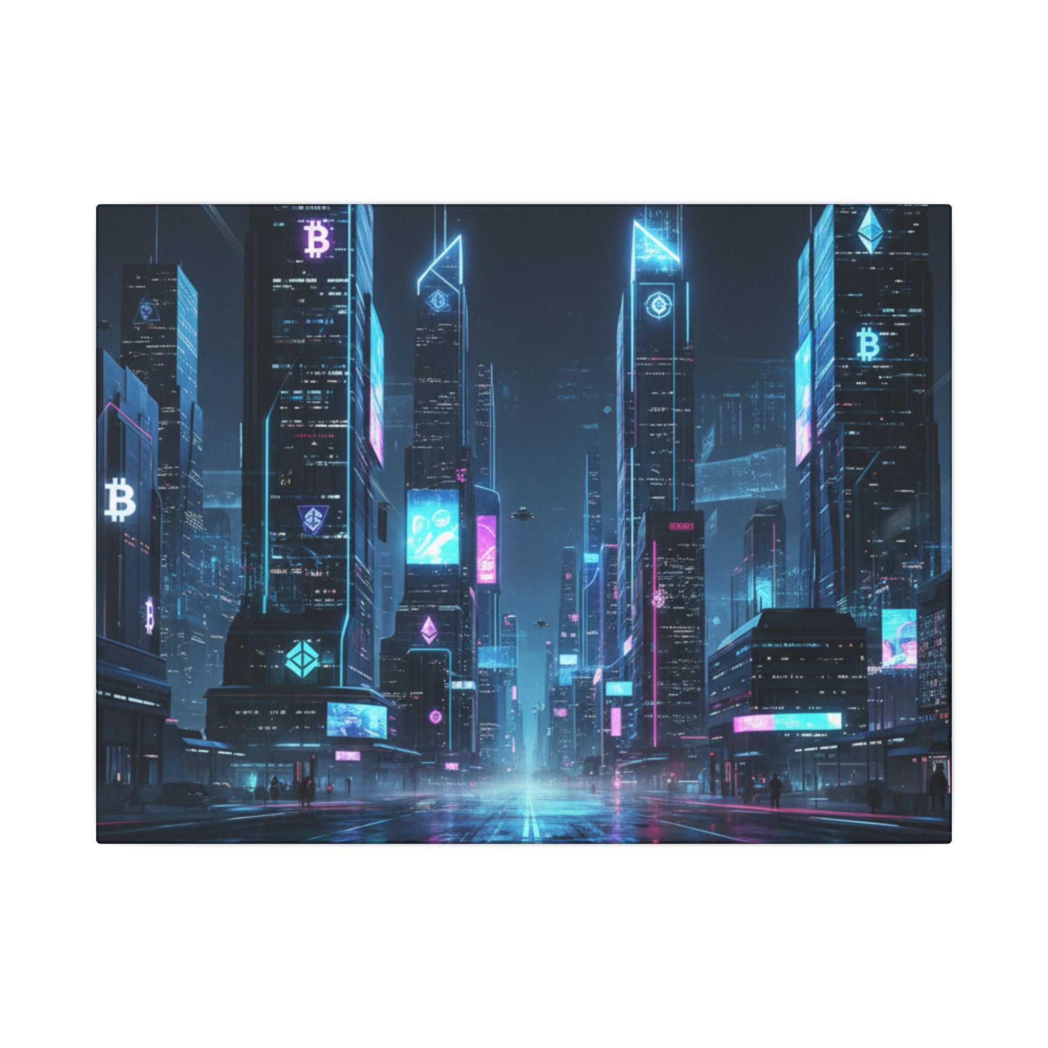Cyberpunk Cityscape Matte Canvas Print — Neon Futuristic Skyline Wall Art