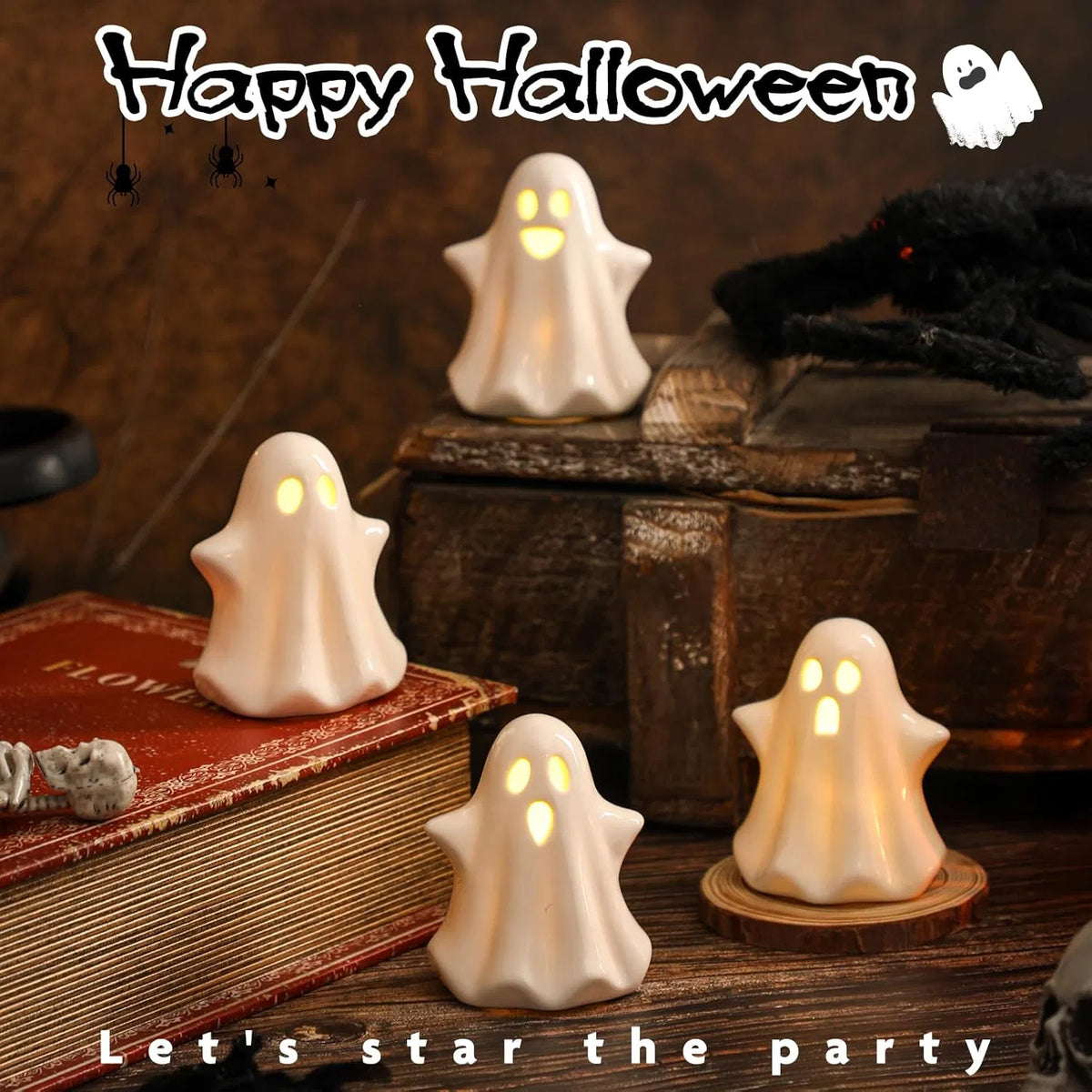 4PCS Ceramic Ghost Light Up Decor, Cute Ghost Halloween Decor, Small White