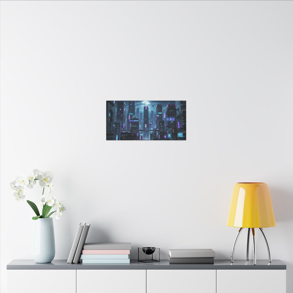 Cyberpunk Cityscape Matte Canvas Print — Neon Futuristic Wall Art