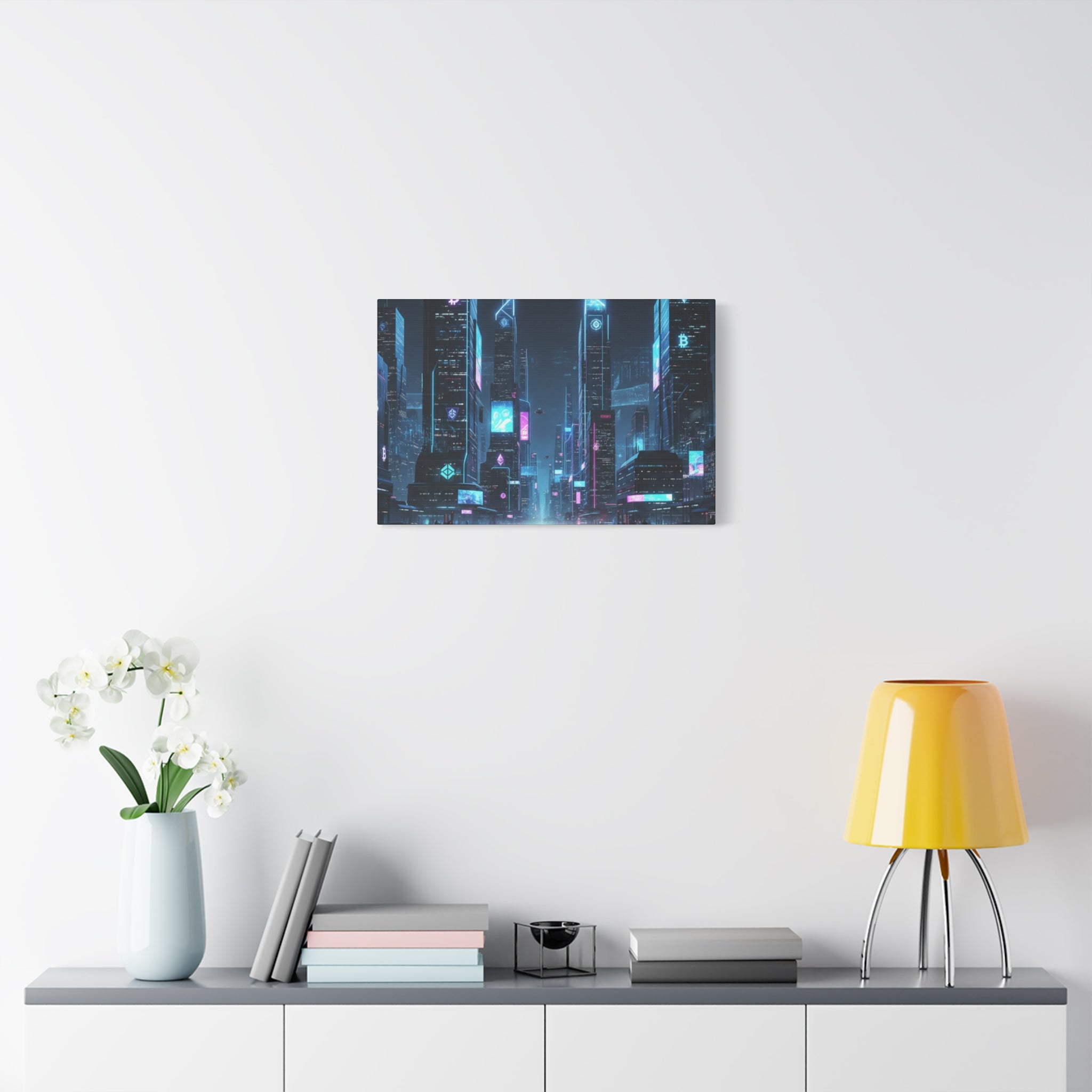 Cyberpunk Crypto Cityscape Canvas Print — Futuristic Neon Skyline Wall Art