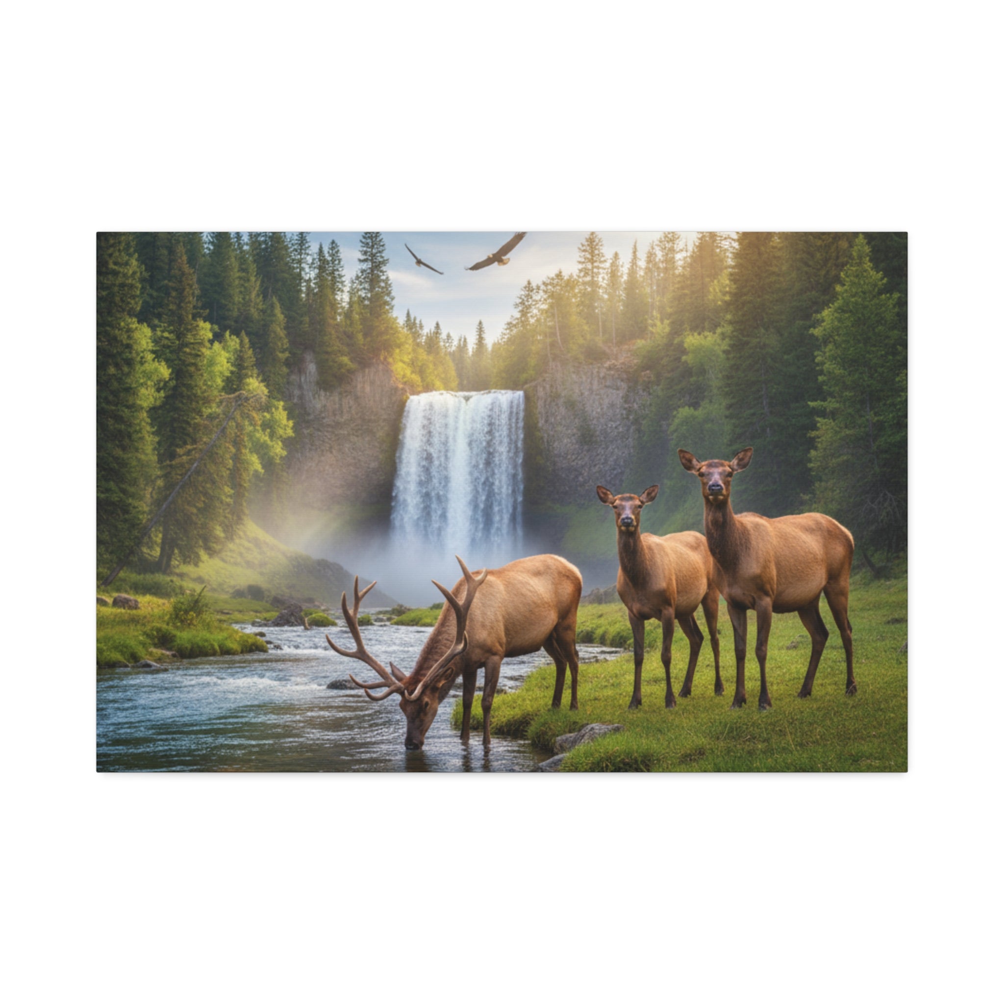 Elk Waterfall Canvas Print — Serene Wildlife Landscape Wall Art, 1.5" Stretched