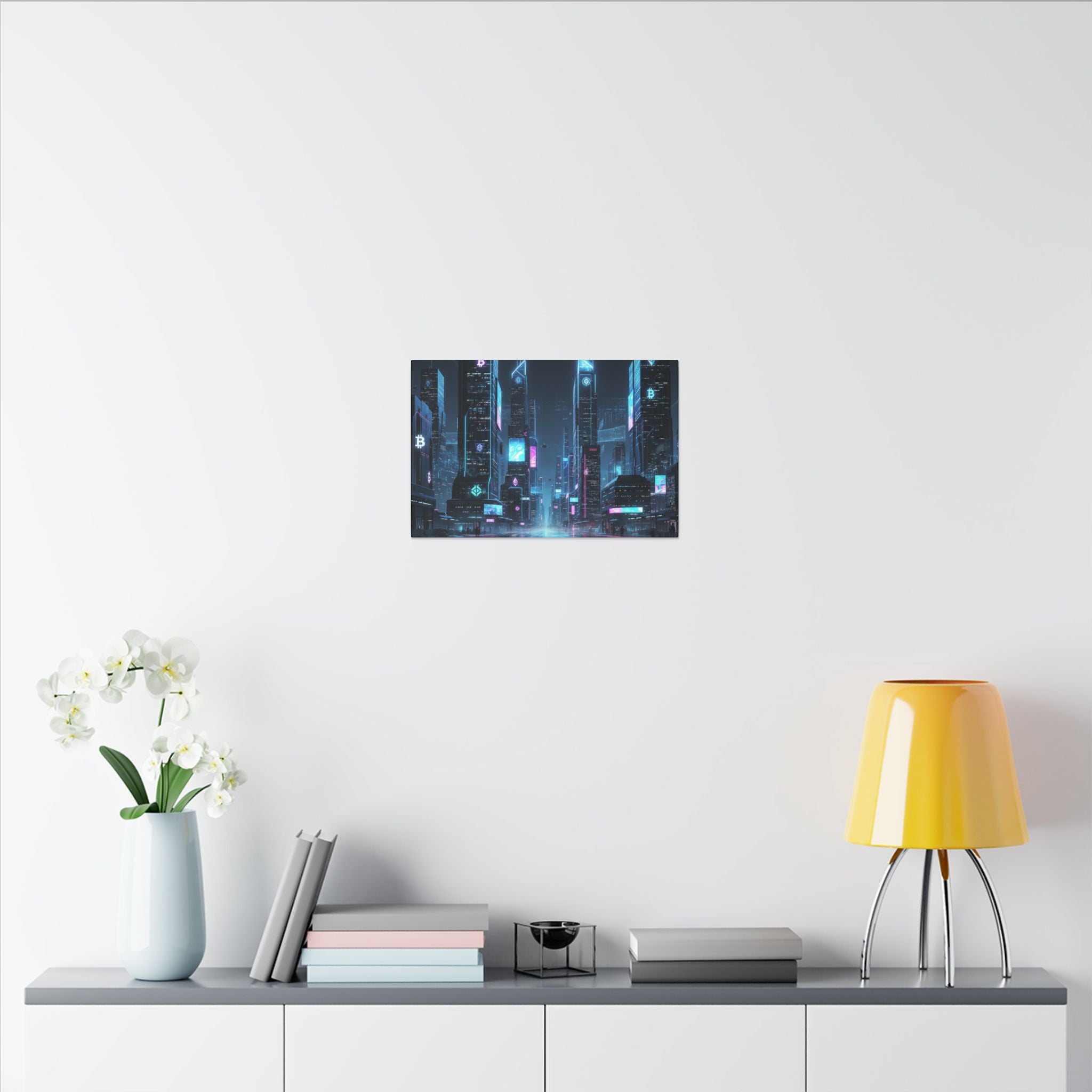 Cyberpunk Cityscape Matte Canvas Print — Neon Futuristic Skyline Wall Art