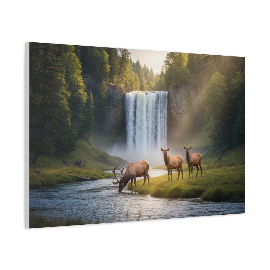 Waterfall Elk Canvas Print — Matte Stretched Wall Art