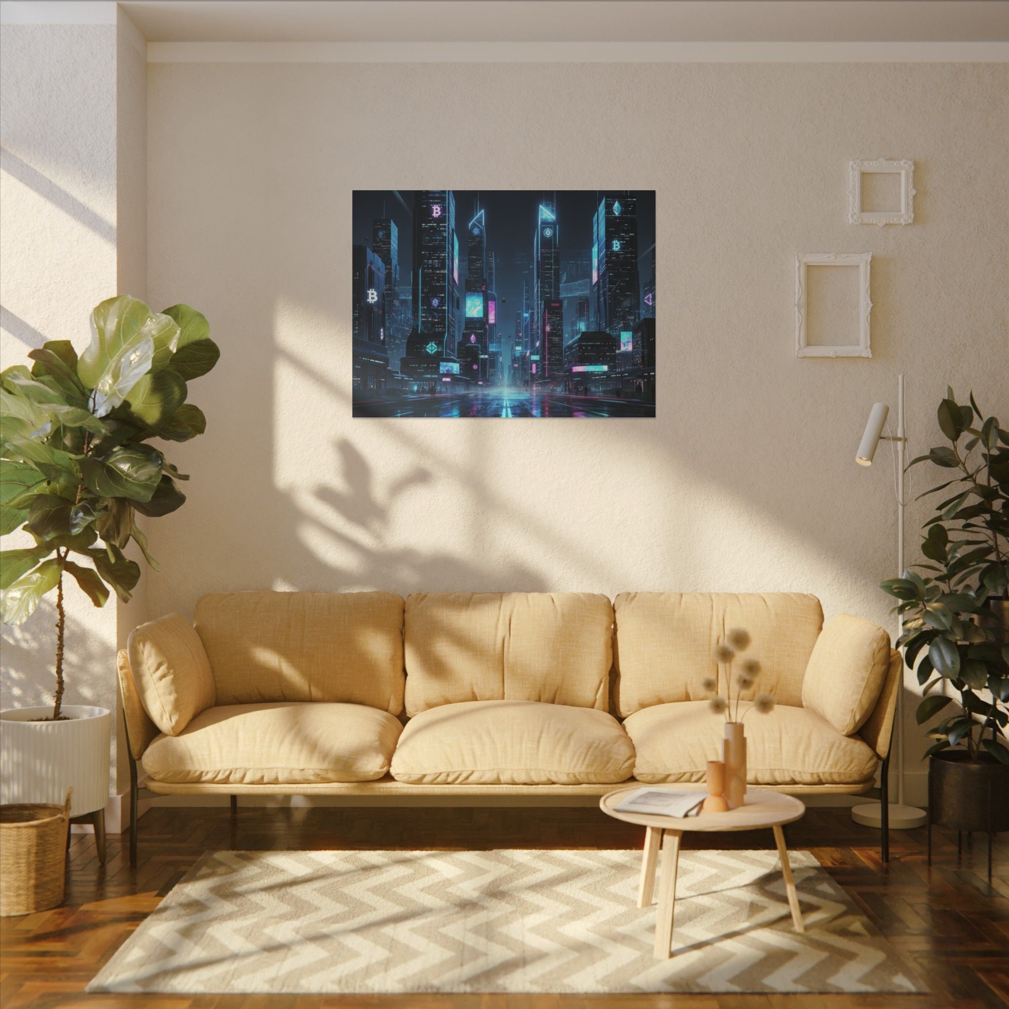 Cyberpunk Cityscape Matte Canvas Print — Neon Futuristic Skyline Wall Art
